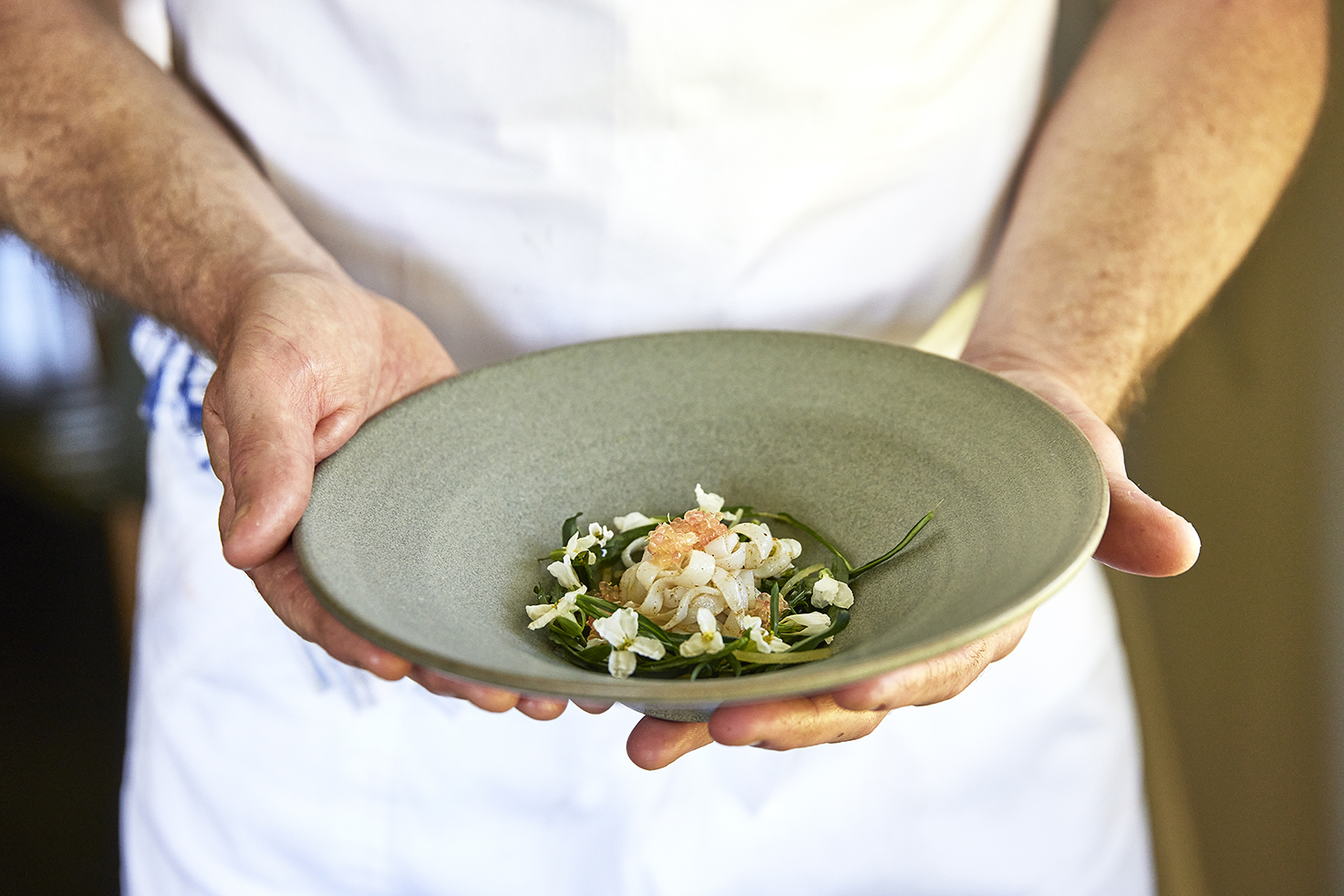 Southern calamari barbecued with brassicas and citrus intense broth of roasted blue mackerel